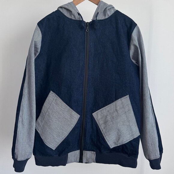 Denim + Hickory Stripe Hoodie Jacket - Picture 1 of 8